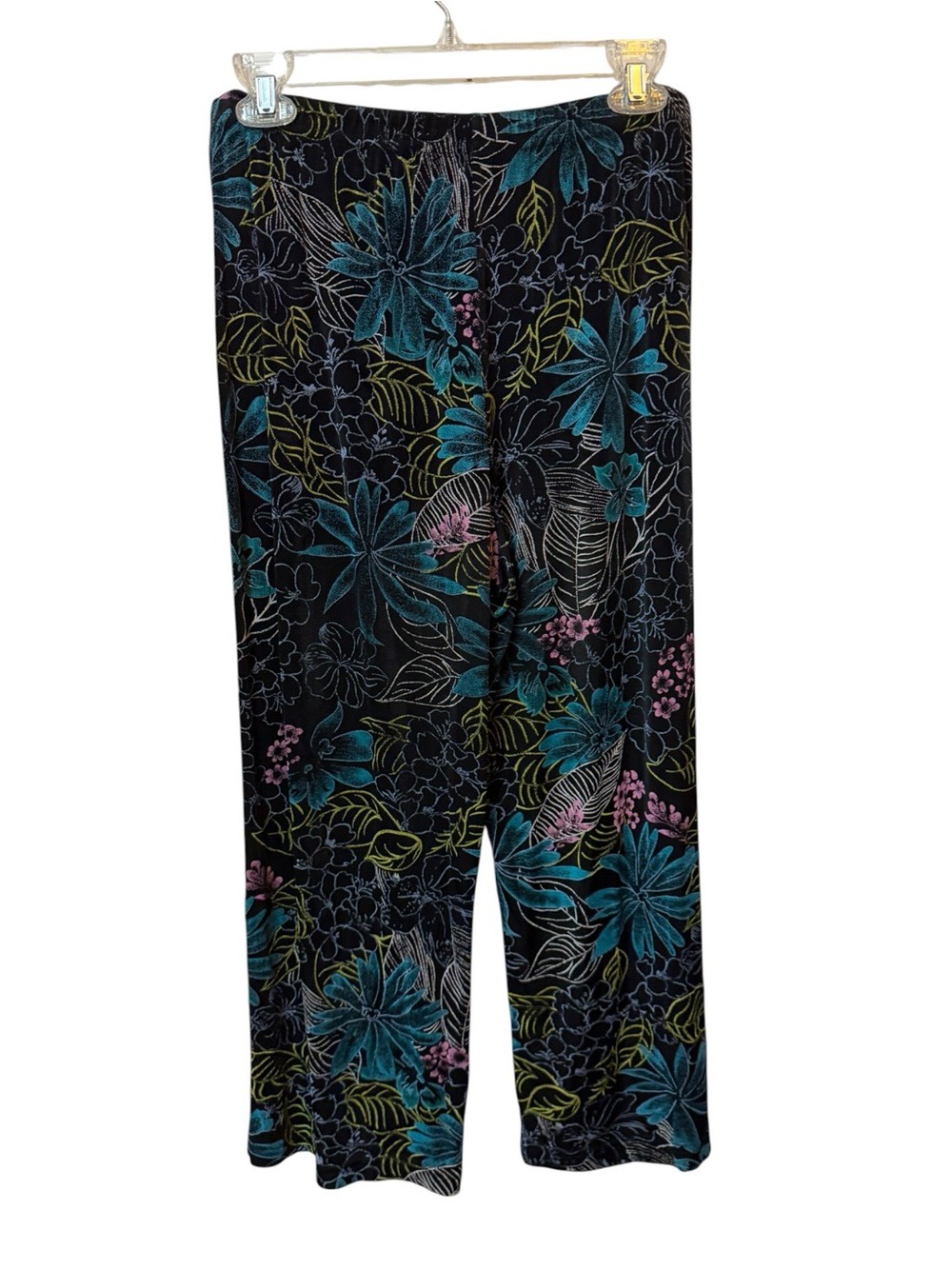 Software Travel Black Wide Leg Floral Pants with Teal & Green Print Medium